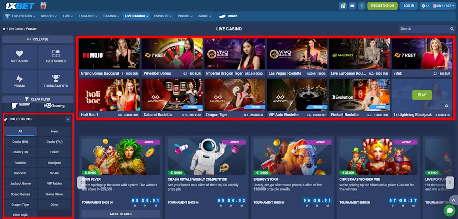 1xBet Live Casino Menu Screenshot